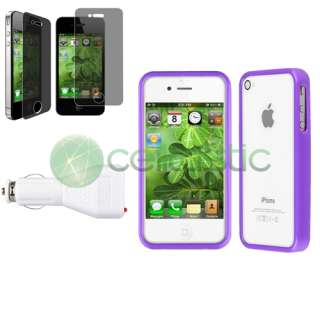 Purple Bumper TPU Gel Case+Privacy SPT+Car Charger For iPhone 4S 4 4G 