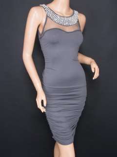 New Elegant Gray Faux Pearl Jeweled Fitted Evening Pencil Dress XL 
