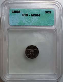 1858 3 CENT SILVER ICG MS 64 GREAT COLOR & INTERESTING STRIKE THROUGH 