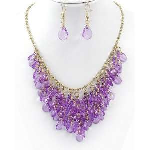  Goldtone Purple Acrylic Necklace and Earrings Set: Jewelry