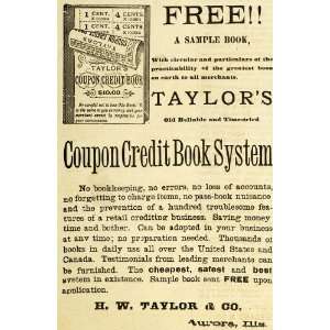  1889 Ad H W Taylor Aurora Illinois Coupon Credit Book 