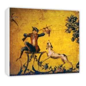  Monkey hunter and hunting dog (painted wood)..   Canvas 