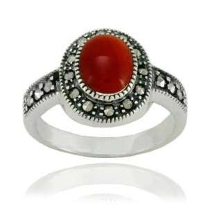    Sterling Silver Marcasite and Carnelian Oval Ring, Size 9 Jewelry