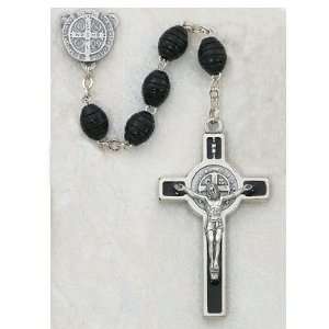  6x8mm Carved Wood Black St. Benedict Rosary, Enameled 