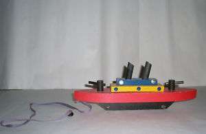 Wood Battleship Pull Toy Boat Cannons Steamship 12  Vintage Vehicle 