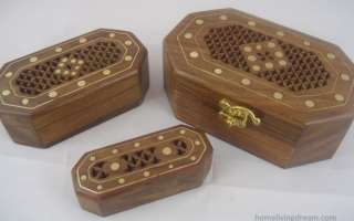 Vintage Wood Wooden Jewelry Box Case Hand Made 3 Pc Set  