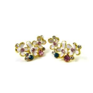 White Flower Enameled Stud Earrings with Multi Color Sparkling Crystal 