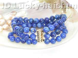 AAA 100% nature 3row round lapis lazuli bracelet 14K clasp