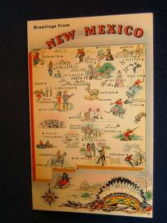 Greetings from New Mexico. Fine vintage 1950s ca map postcard. Unused 