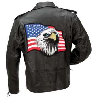 Mens Leather Motorcycle Riding Jacket Eagle Flag Patch  