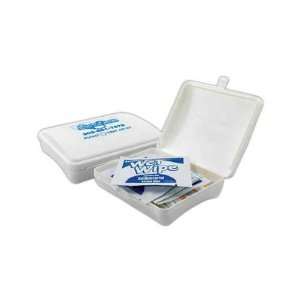   aid kit with assorted bandages and wet wipes.