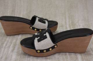 Tory Burch Terri Canvas black Leather Wedge Sandal Slide Shoes size 6 