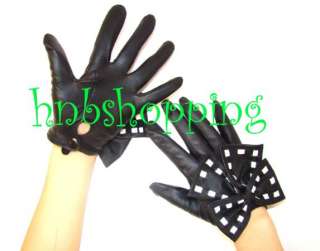 Black Leather Gloves with Big Black & White Bow Stylish  