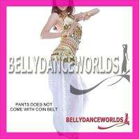 BELLY DANCE COSTUME SET GOLD TOP GENIE HAREM PANTS COIN BELT BOLLYWOOD 
