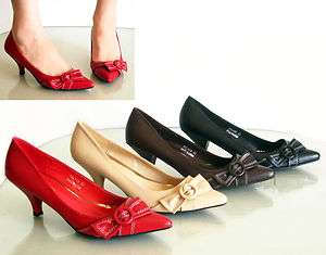 New Comfy Low Med Heels Pointed Closed Toe Pumps Bow Red Beige Brown 