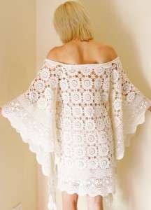   60s CROCHET LACE White Vtg Draping ANGEL Sleeve Dress S to M  
