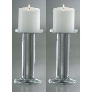 Spool Glass Pillar Candle Holders   Set of 2 (Clear/White) (7H x 4W 