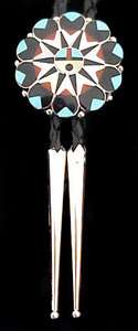 Native Zuni Sterling Silver Gems Inlay Sunface Bolo Tie  