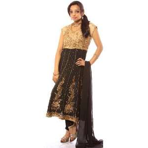  Beige and Black Anarkali Suit with Beaded Flowers and 