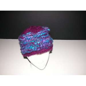  Womens Flat Top Wool Hand Knit Blue and Purple Hat 
