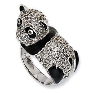  Sterling Silver Cubic Zirconia Black Enameled Panda Ring 