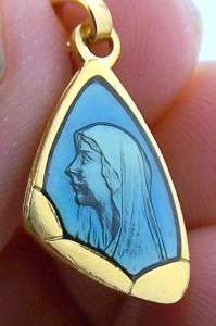 Rare Blue Enameled Virgin Mary Medal Praying Madonna NR  