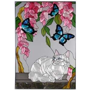  White Persian Cat Painted Art Glass Window 14 x 20.5 