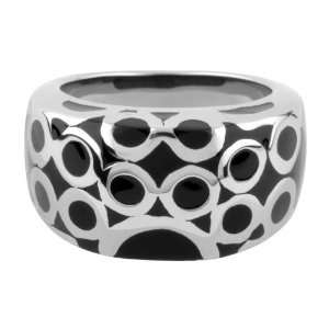 Womens Stainless Steel Ring with Black Resin Fill and Steel Circle 