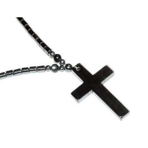    Hematite Bead Necklace With Hematite Cross / Crucifix   A Jewelry