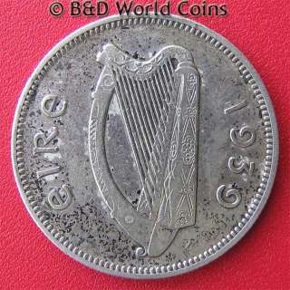 IRELAND IRISH 1939 1 SHILLING SILVER BULL 23.6mm KM#14  