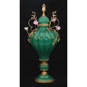    New Gorgeous Jade Porcelain and Brass Urn with Lid
