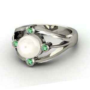   Ring, White Cultured Pearl 14K White Gold Ring with Emerald Jewelry