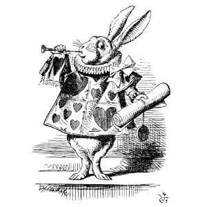    White Rabbit, dressed as herald, blowing trumpet