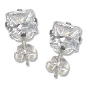  Sterling Silver 4mm Square Cubic Zirconia Post Earrings 
