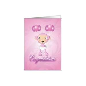 baby chimp balloons pink   congratulations Card