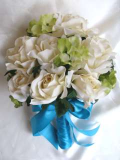 17pc Bouquet wedding flowers IVORY GREEN TURQUOISE  