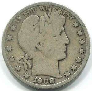 1908 D ★★★ BARBER HALF DOLLAR in GOOD+ AS SHOWN IN PICTURES 