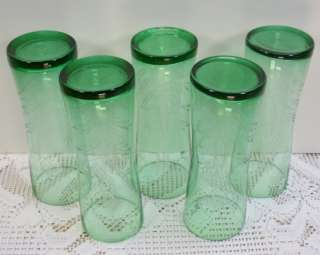 Set/5 Green Cut Glass Tumblers/Drinking Glasses Leaf Branch No Safety 