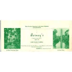  Barneys Menu Lake Wales Florida 1949 Cypress Gardens 