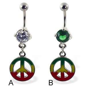  Belly ring with dangling jamaican peace sign, clear   A 