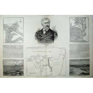  1883 Ferdinand Lesseps Suez Canal Said Harbour Plan Sea 