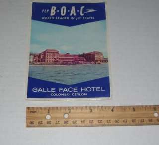 VINTAGE LUGGAGE LABEL FLY BOAC GALLE FACE HOTEL CEYLON  