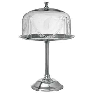  Antique Nickel Cake Stand with Etched Glass Cloche 