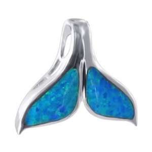   Silver Created Blue Opal Whale Tale Slide 20mm x 17mm Pendant Jewelry
