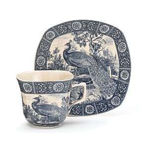  Blue Toile Peacock Design Teacup and Saucer Set: Kitchen 