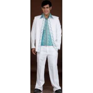 White and Turquoise Jodhpuri Three Piece Suit with Brocaded Inner 