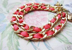 Gold Metal Red Ribbon Woven Necklace w/ Heart Pendant  