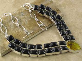 ELEGANT : black ONYX + gold CITRINE QUARTZ **I silver necklace 