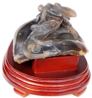 Grey Agate LIZARD COUPLE Stone Carving #N19  