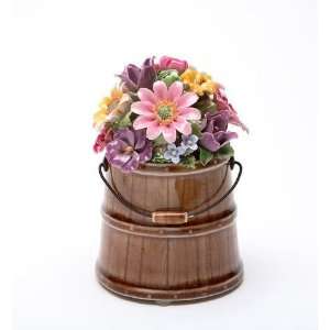  5.625 inch Brown Bucket Filled With Flowers Ceramic 